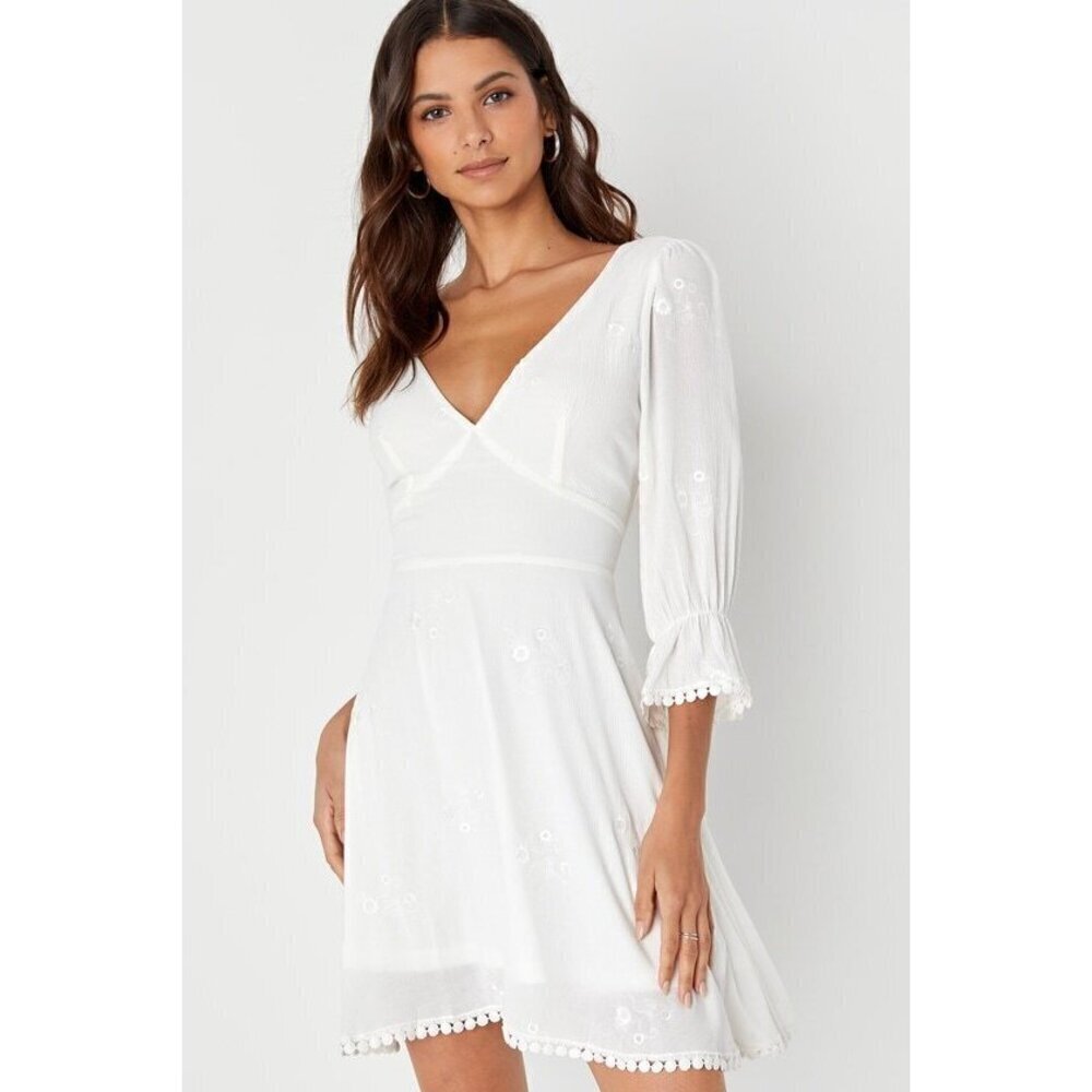Lulus In The Meadow White Embroidered 3/4 Sleeve Backless Mini Dress - Size XS